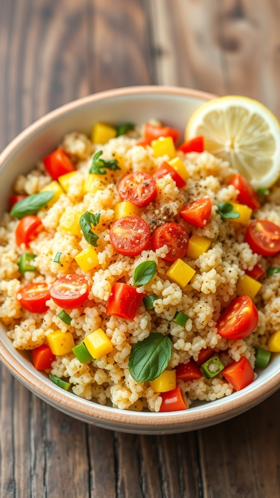 A bowl of fluffy seasoned quinoa with vegetables and herbs, garnished with lemon.